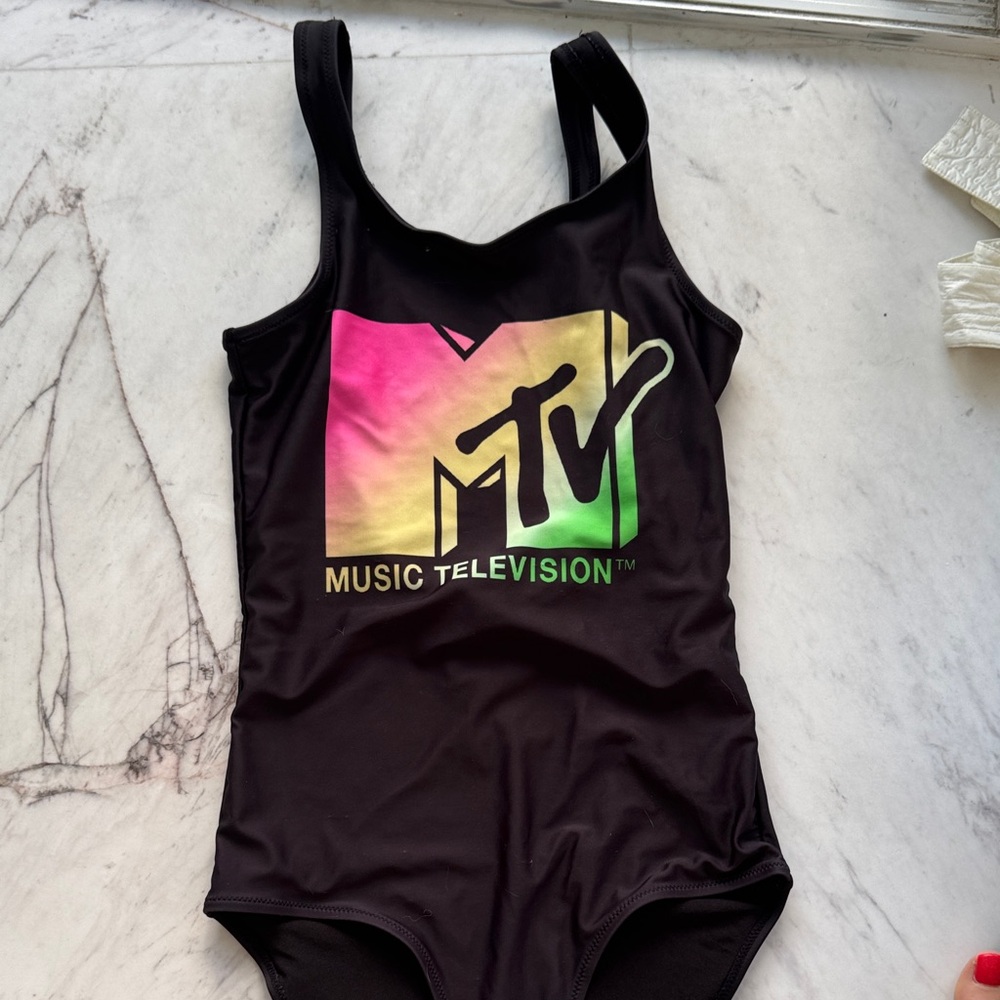 MTV Black Swimsuit with Neon Logo music television retro H&M stranger things